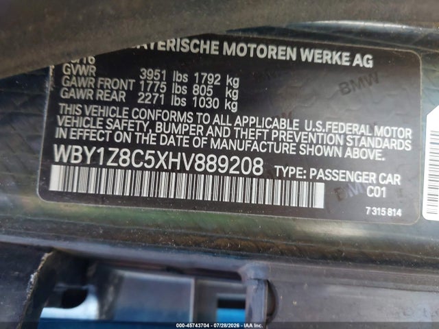 WBY1Z8C5XHV889208 BMW I3 94 Ah W/range Extender