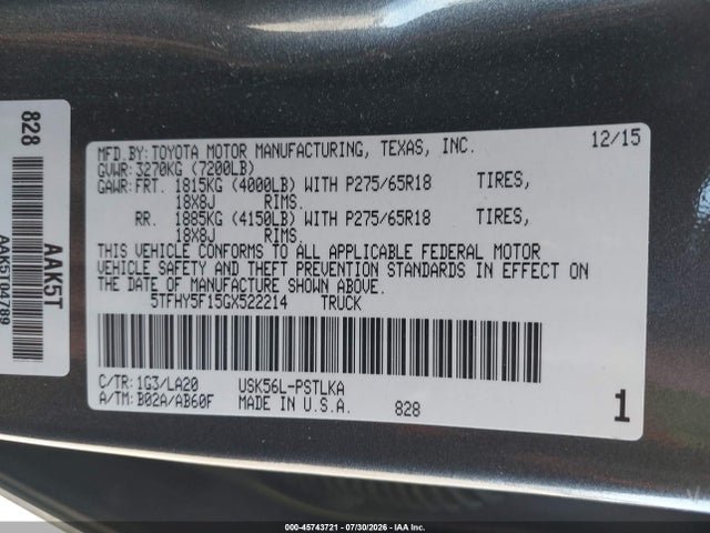 5TFHY5F15GX522214 Toyota Tundra Limited 5.7l V8