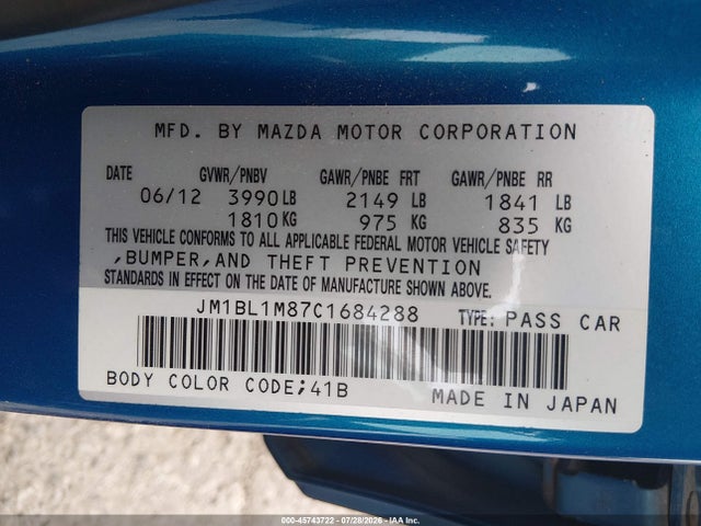 45743722 :رقم المزاد ، JM1BL1M87C1684288 vin ، 2012 Mazda Mazda3 I Grand Touring مزاد بيع