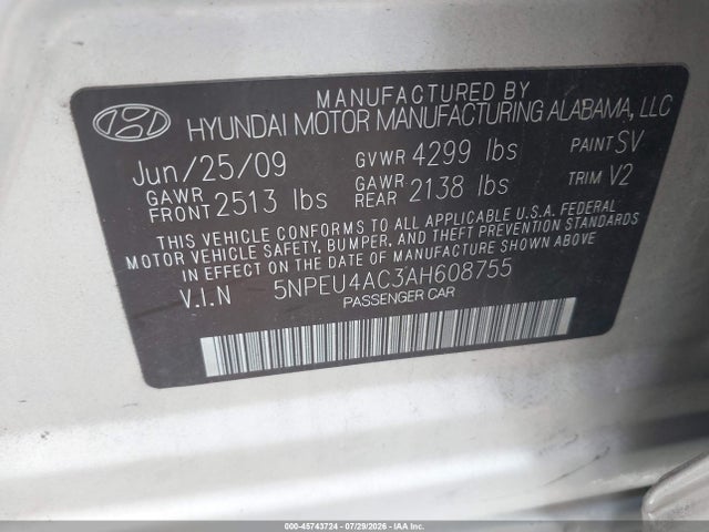 Продаж на аукціоні авто 2010 Hyundai Sonata Limited, vin: 5NPEU4AC3AH608755, номер лоту: 45743724