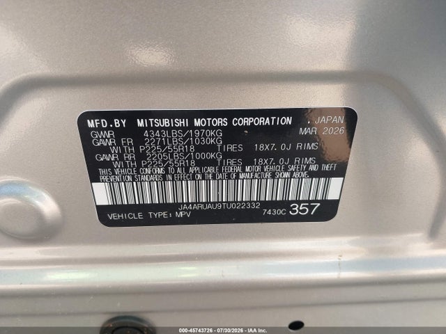 Продаж на аукціоні авто 2026 Mitsubishi Outlander Sport 2.0 Es/2.0 Le/2.0 Ralliart/2.0 S/2.0 Se/2.0 Trail Edition, vin: JA4ARUAU9TU022332, номер лоту: 45743726