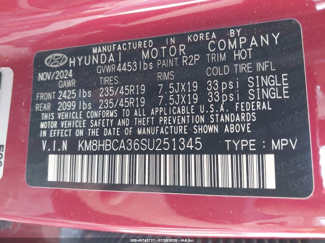 Aukcja sprzedaży 2025 Hyundai Kona N Line S, vin: KM8HBCA36SU251345, numer aukcji: 45743727