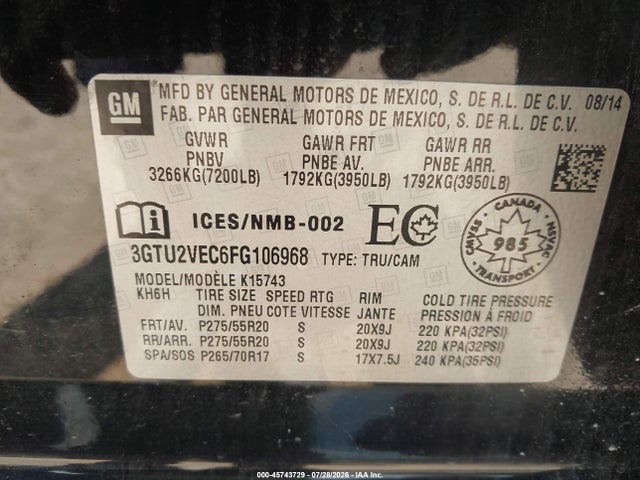45743729 :رقم المزاد ، 3GTU2VEC6FG106968 vin ، 2015 Gmc Sierra 1500 Slt مزاد بيع