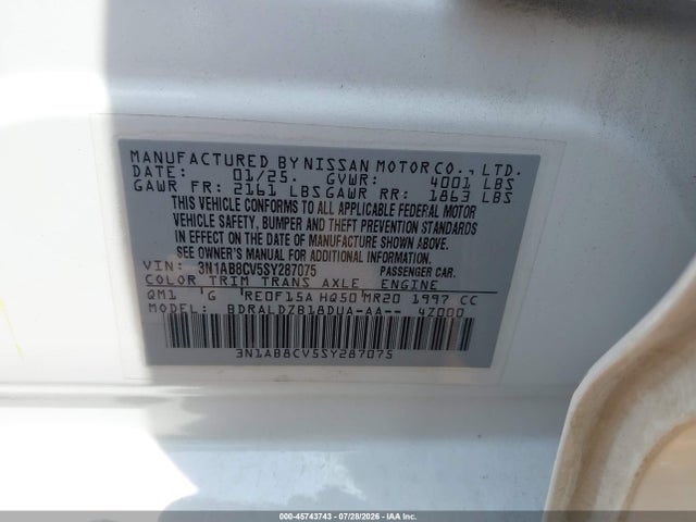Продажа на аукционе авто 2025 Nissan Sentra Sv, vin: 3N1AB8CV5SY287075, номер лота: 45743743