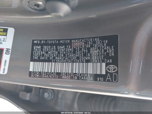 Toyota COROLLA SE 2019 2T1BURHE5KC129376 Image 9