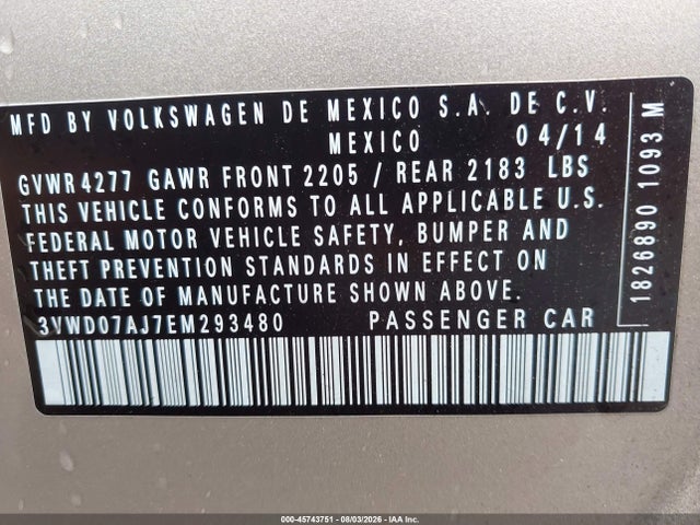 Продажа на аукционе авто 2014 Volkswagen Jetta 1.8t Se, vin: 3VWD07AJ7EM293480, номер лота: 45743751