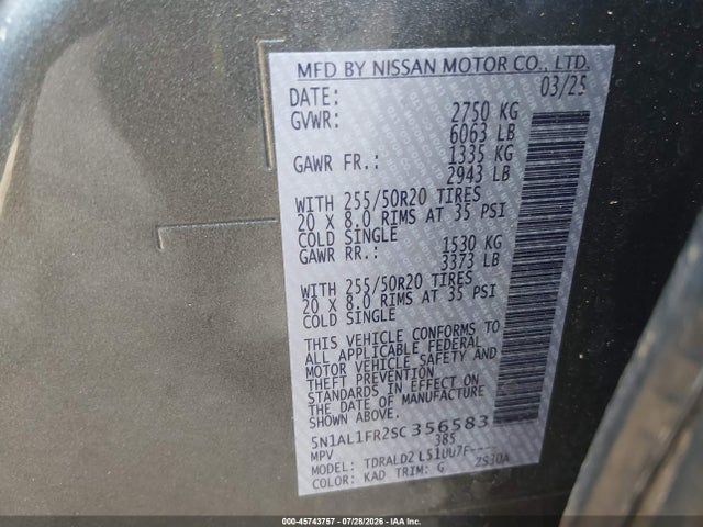 45743757 :رقم المزاد ، 5N1AL1FR2SC356583 vin ، 2025 Infiniti Qx60 Luxe مزاد بيع