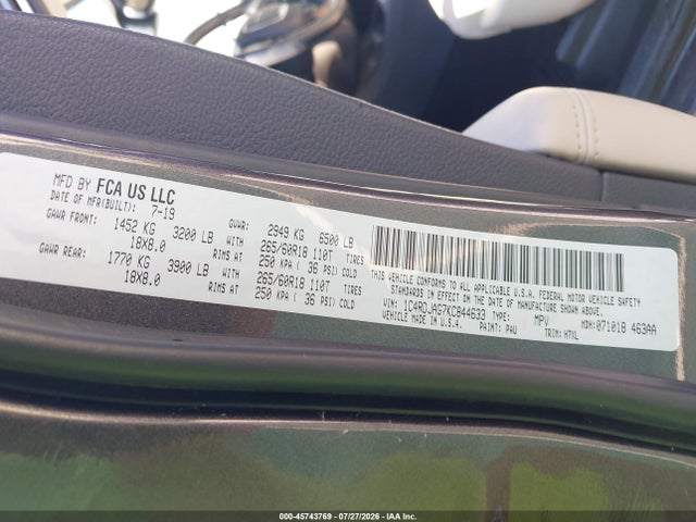 45743769 :رقم المزاد ، 1C4RDJAG7KC844633 vin ، 2019 Dodge Durango Sxt Awd مزاد بيع