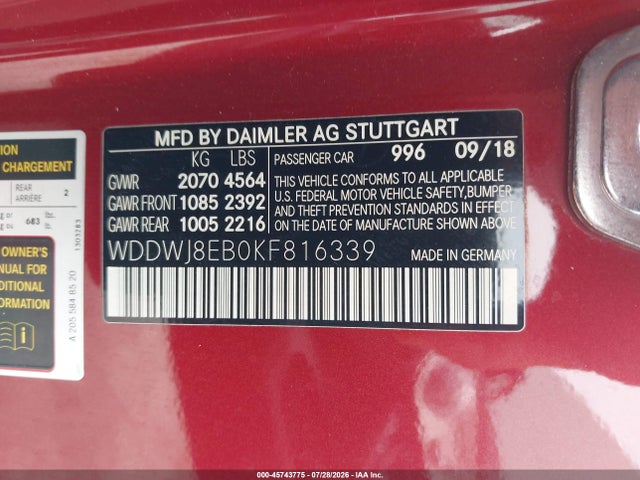 2019 Mercedes-benz C 300 4matic მანქანა იყიდება აუქციონზე, vin: WDDWJ8EB0KF816339, აუქციონის ნომერი: 45743775