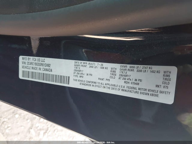 45743777 :رقم المزاد ، 2C4RC1BG5SR612492 vin ، 2025 Chrysler Pacifica Select مزاد بيع