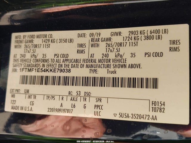 Ford F-150 Xl 2019 1FTMF1E54KKE79038 Image 9