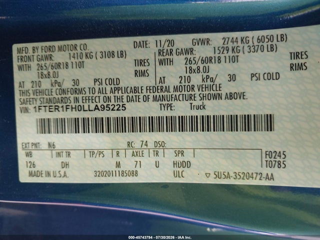 Ford Ranger Lariat 2020 1FTER1FH0LLA95225 Image 9