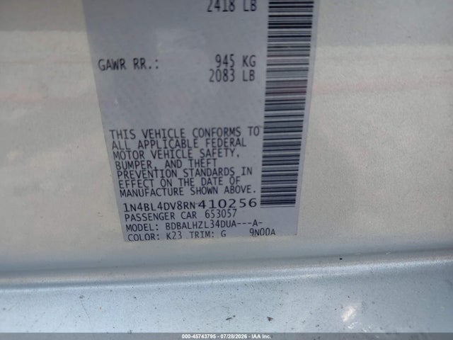 Auction sale of the 2024 Nissan Altima Sv Fwd, vin: 1N4BL4DV8RN410256, lot number: 45743795