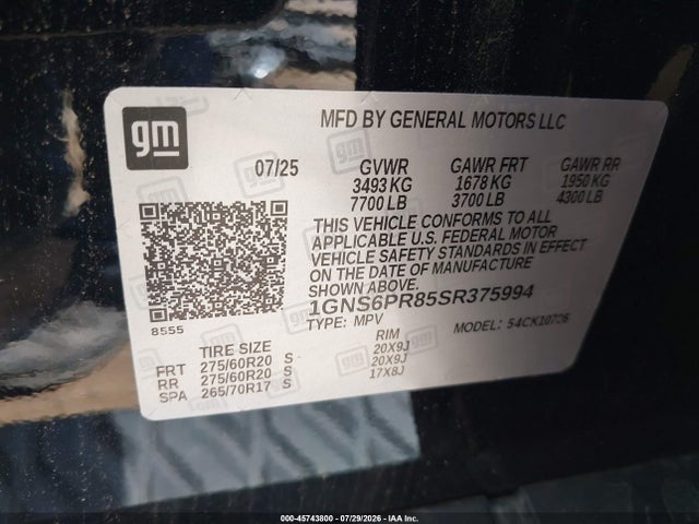 Продаж на аукціоні авто 2025 Chevrolet Tahoe 4wd Z71, vin: 1GNS6PR85SR375994, номер лоту: 45743800