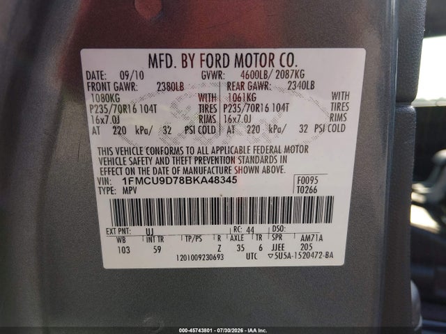 2011 Ford Escape Xlt მანქანა იყიდება აუქციონზე, vin: 1FMCU9D78BKA48345, აუქციონის ნომერი: 45743801