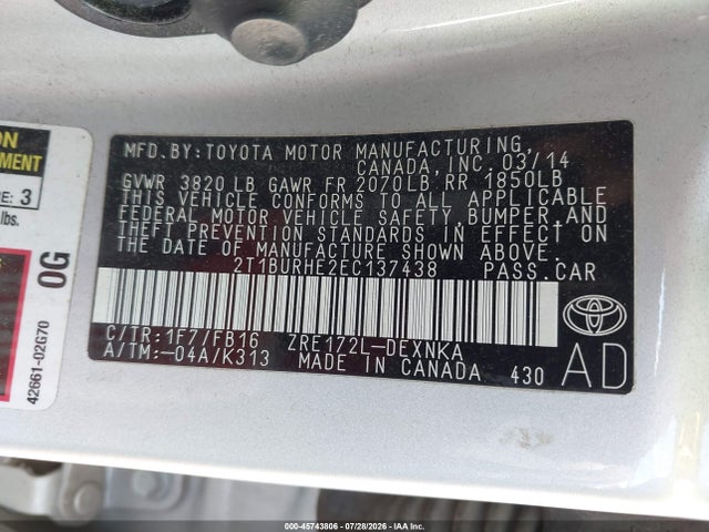 Toyota COROLLA LE 2014 2T1BURHE2EC137438 Image 9