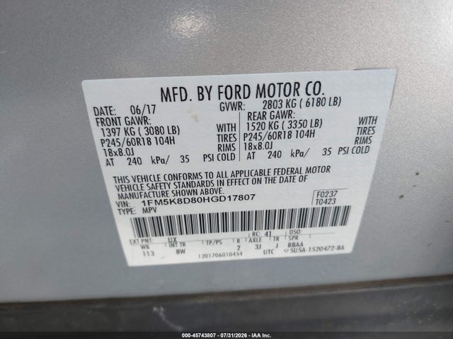 Ford EXPLORER XLT 2017 1FM5K8D80HGD17807 Image 9