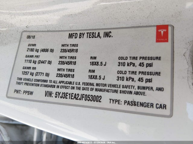 Tesla Model 3 Long Range/mid Range 2018 5YJ3E1EA2JF053002 Image 9