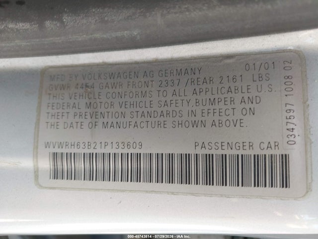 Продаж на аукціоні авто 2001 Volkswagen Passat Glx, vin: WVWRH63B21P133609, номер лоту: 45743814