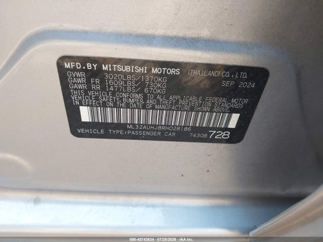 Продаж на аукціоні авто 2024 Mitsubishi Mirage Es/le, vin: ML32AUHJ8RH028186, номер лоту: 45743834