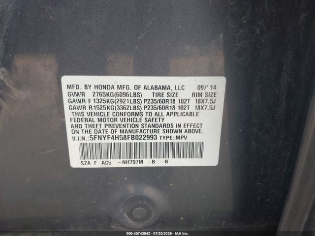2015 Honda Pilot Ex-l მანქანა იყიდება აუქციონზე, vin: 5FNYF4H58FB022993, აუქციონის ნომერი: 45743842