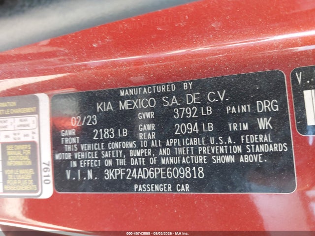 Продажа на аукционе авто 2023 Kia Forte Lxs, vin: 3KPF24AD6PE609818, номер лота: 45743858