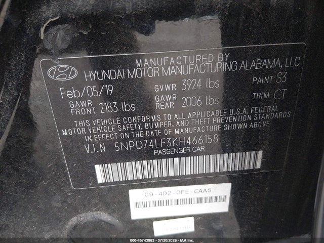 5NPD74LF3KH466158 Hyundai ELANTRA SE