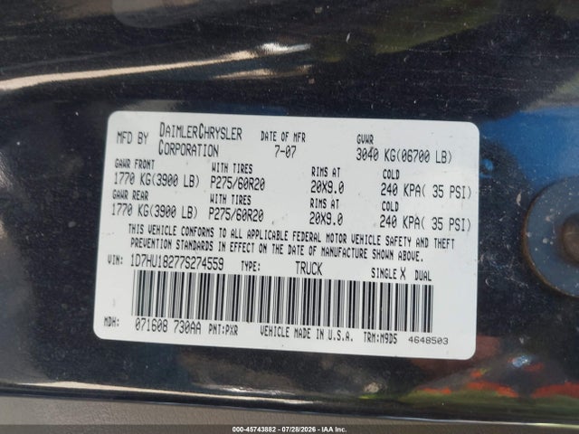 Продаж на аукціоні авто 2007 Dodge Ram 1500 St/slt, vin: 1D7HU18277S274559, номер лоту: 45743882