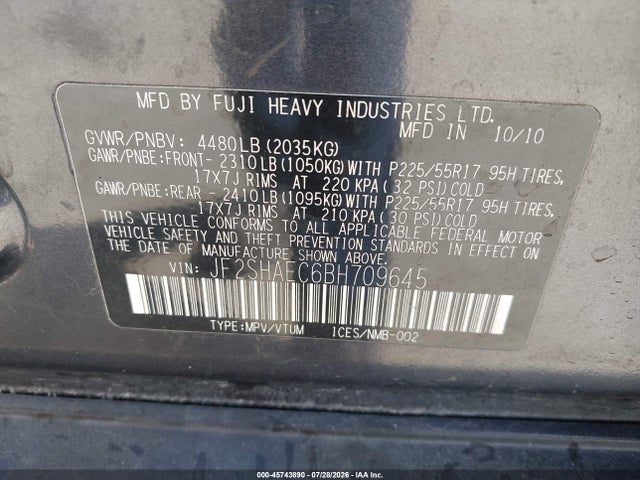 45743890 :رقم المزاد ، JF2SHAEC6BH709645 vin ، 2011 Subaru Forester 2.5x Limited مزاد بيع