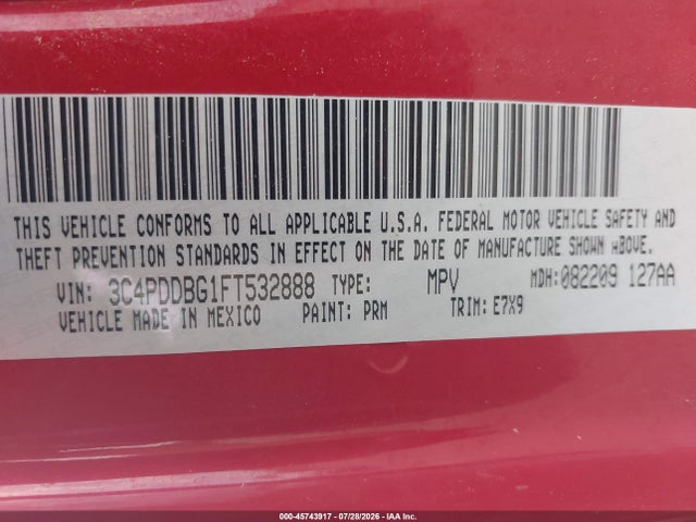 45743917 :رقم المزاد ، 3C4PDDBG1FT532888 vin ، 2015 Dodge Journey Sxt مزاد بيع