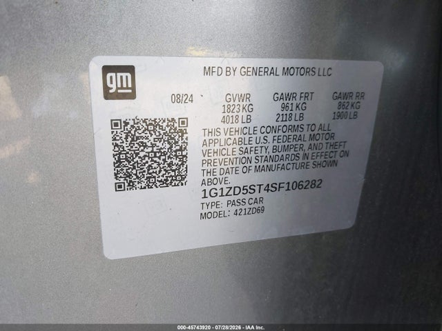 Продаж на аукціоні авто 2025 Chevrolet Malibu Fwd 1lt, vin: 1G1ZD5ST4SF106282, номер лоту: 45743920