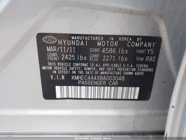 Продажа на аукционе авто 2011 Hyundai Sonata Hybrid, vin: KMHEC4A4XBA003048, номер лота: 45743929