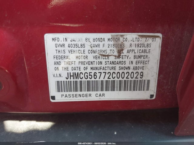 Aukcja sprzedaży 2002 Honda Accord 2.3 Se, vin: JHMCG56772C002029, numer aukcji: 45743931