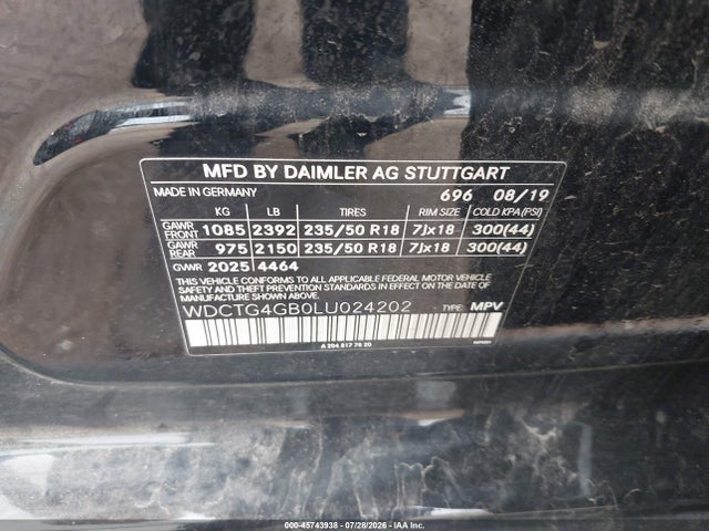 Aukcja sprzedaży 2020 Mercedes-benz Gla 250 4matic, vin: WDCTG4GB0LU024202, numer aukcji: 45743938