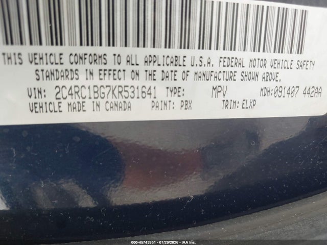 45743951 :رقم المزاد ، 2C4RC1BG7KR531641 vin ، 2019 Chrysler Pacifica Touring L مزاد بيع