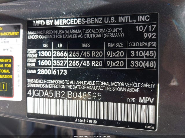 Aukcja sprzedaży 2018 Mercedes-benz Gle 350, vin: 4JGDA5JB2JB048595, numer aukcji: 45743962