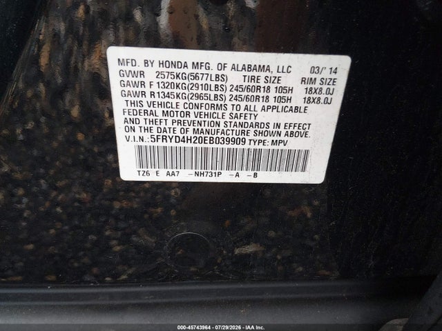 45743964 :رقم المزاد ، 5FRYD4H20EB039909 vin ، 2014 Acura Mdx مزاد بيع