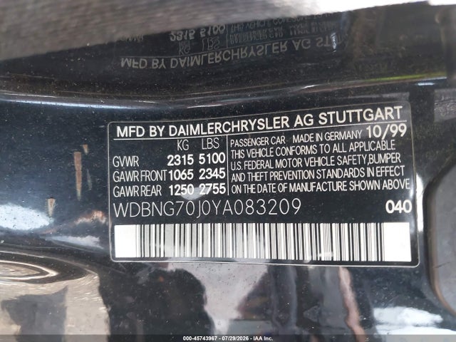 Aukcja sprzedaży 2000 Mercedes-benz S 430, vin: WDBNG70J0YA083209, numer aukcji: 45743967