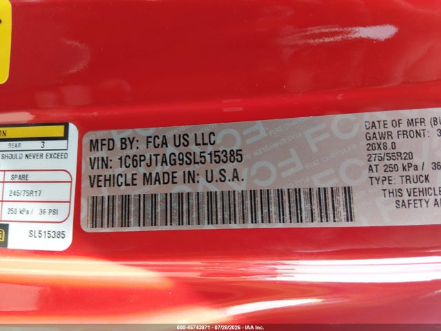 45743971 :رقم المزاد ، 1C6PJTAG9SL515385 vin ، 2025 Jeep Gladiator Nighthawk مزاد بيع
