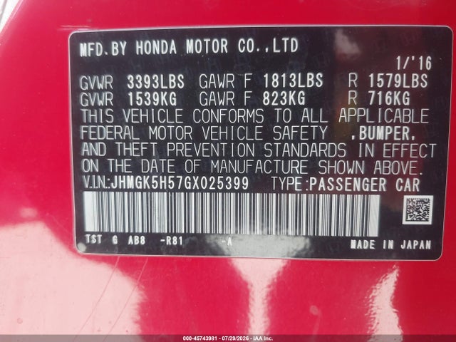 Honda FIT LX 2016 JHMGK5H57GX025399 Image 9