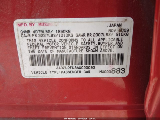 Продажа на аукционе авто 2010 Mitsubishi Lancer Es, vin: JA32U2FU3AU020092, номер лота: 45743992