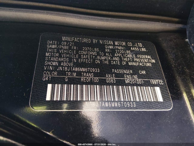 Продаж на аукціоні авто 2021 Nissan Rogue Sport S Awd Xtronic Cvt, vin: JN1BJ1AW6MW670933, номер лоту: 45743995