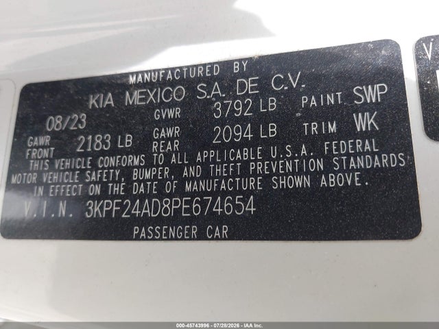 Aukcja sprzedaży 2023 Kia Forte Lxs, vin: 3KPF24AD8PE674654, numer aukcji: 45743996