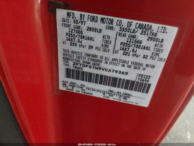 45744006 :رقم المزاد ، 2FTDF07W9VCA79369 vin ، 1997 Ford F-150 Lariat/xl/xlt مزاد بيع