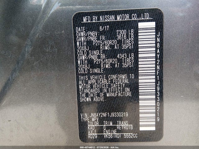 Продаж на аукціоні авто 2018 Nissan Armada Platinum, vin: JN8AY2NF1J9330219, номер лоту: 45744012