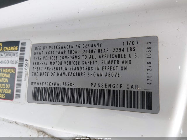 Aukcja sprzedaży 2008 Volkswagen R32, vin: WVWKC71KX8W175888, numer aukcji: 45744039