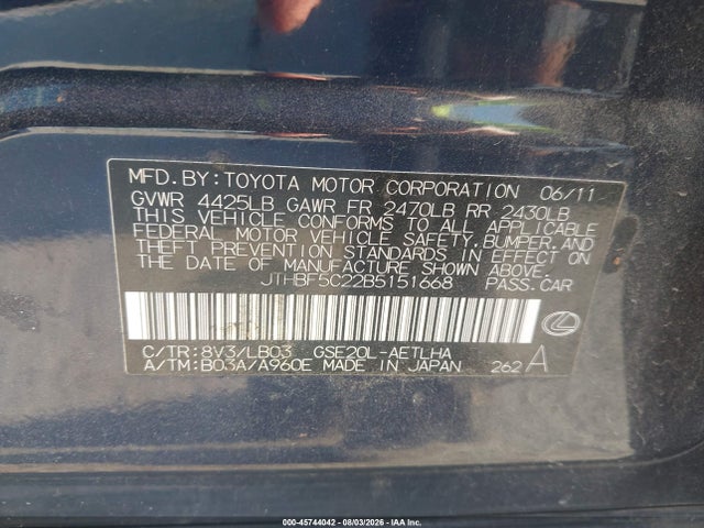 45744042 :رقم المزاد ، JTHBF5C22B5151668 vin ، 2011 Lexus Is 250 مزاد بيع
