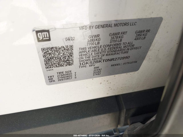 45744062 :رقم المزاد ، 1GKS2BKT0NR270990 vin ، 2022 Gmc Yukon 4wd Slt مزاد بيع
