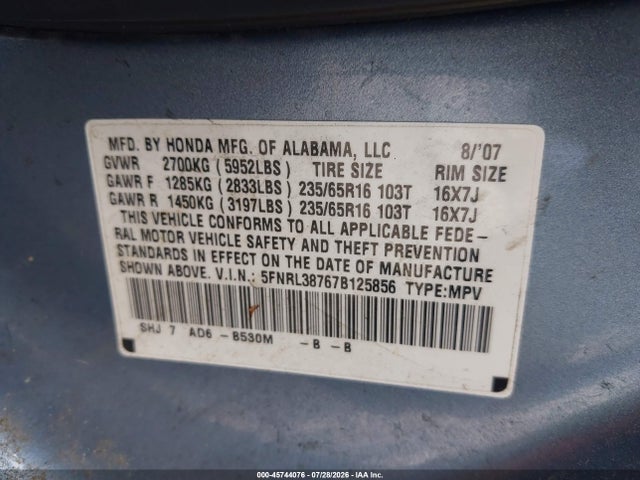 Aukcja sprzedaży 2007 Honda Odyssey Ex-l, vin: 5FNRL38767B125856, numer aukcji: 45744076