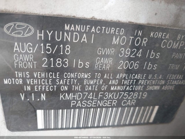 2019 Hyundai Elantra Se მანქანა იყიდება აუქციონზე, vin: KMHD74LF3KU752819, აუქციონის ნომერი: 45744085